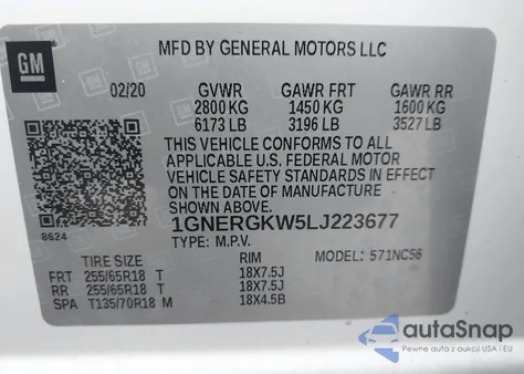 2020 Chevrolet Traverse Fwd Lt Cloth from USA, damaged, VIN 1GNERGKW5LJ223677